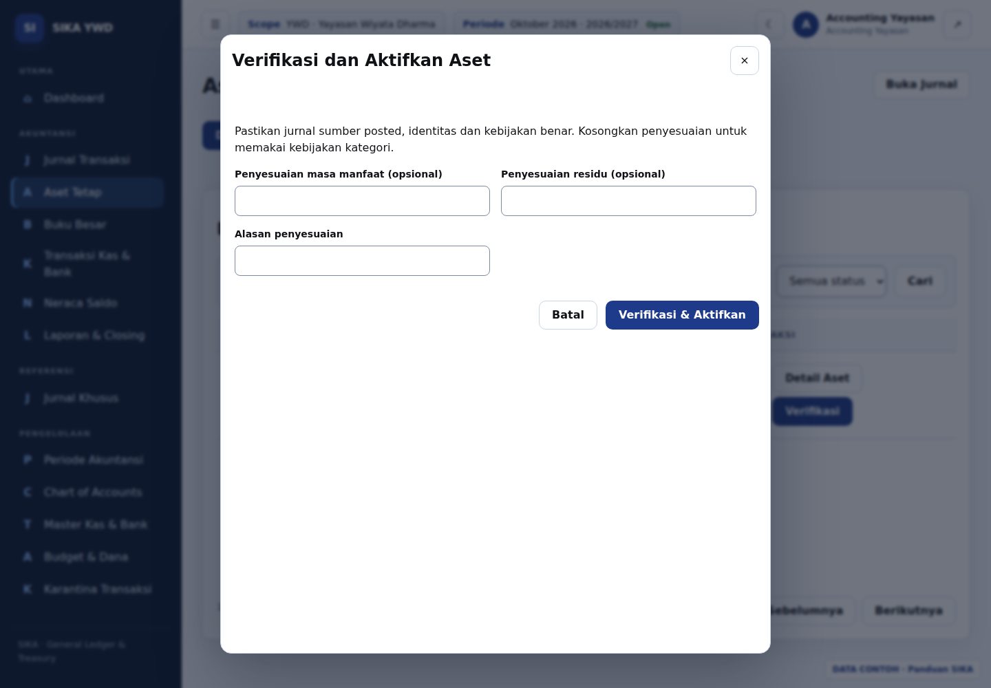 Dialog verifikasi aset dan penyesuaian beralasan.