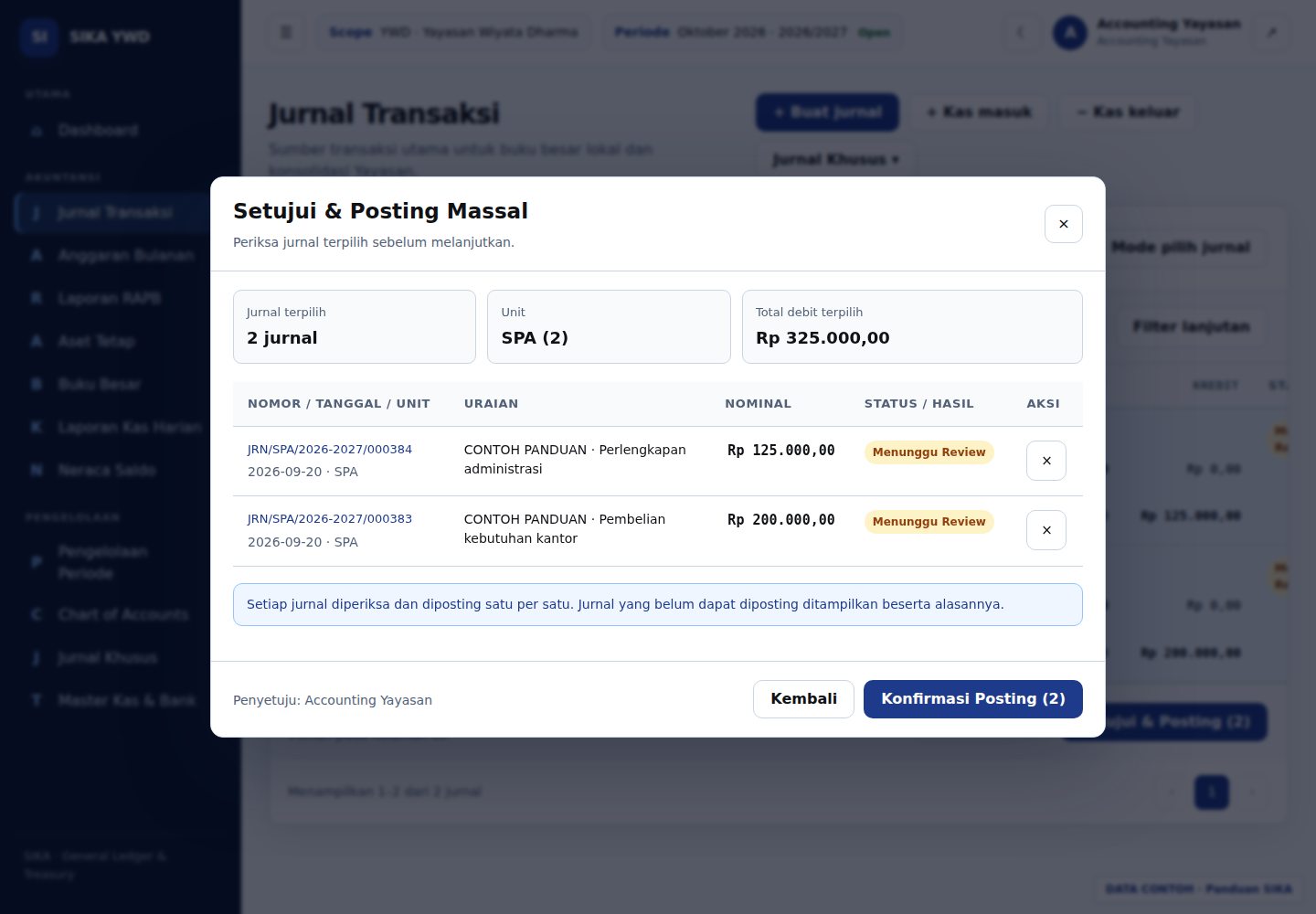 Periksa daftar dalam modal sebelum konfirmasi.