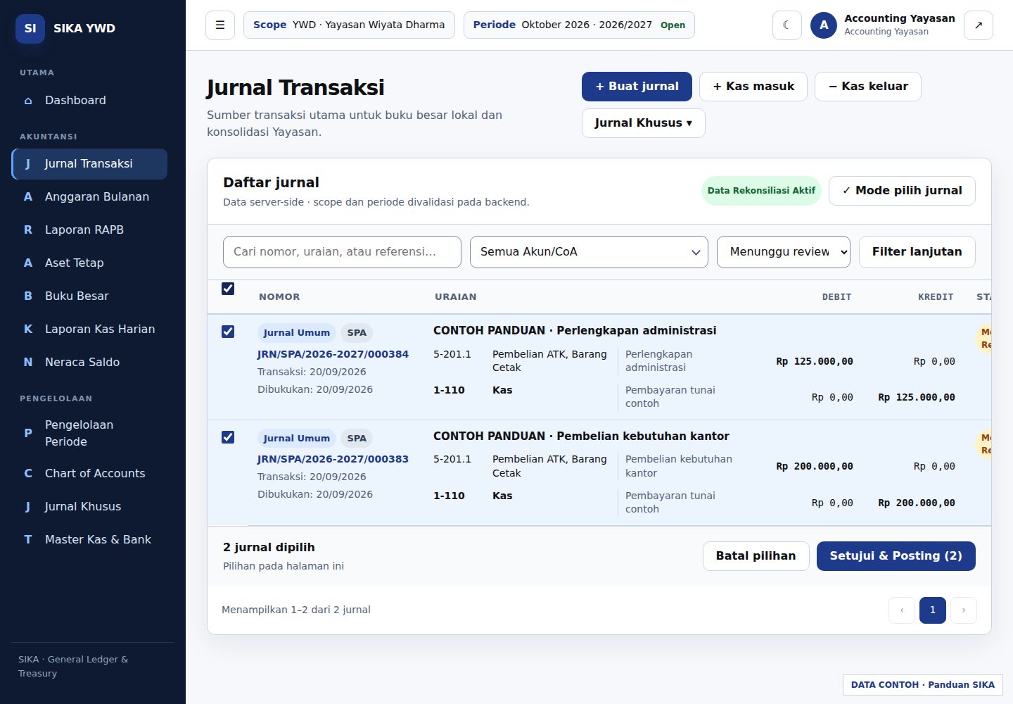 Mode pilih dengan checkbox dan tombol posting massal.
