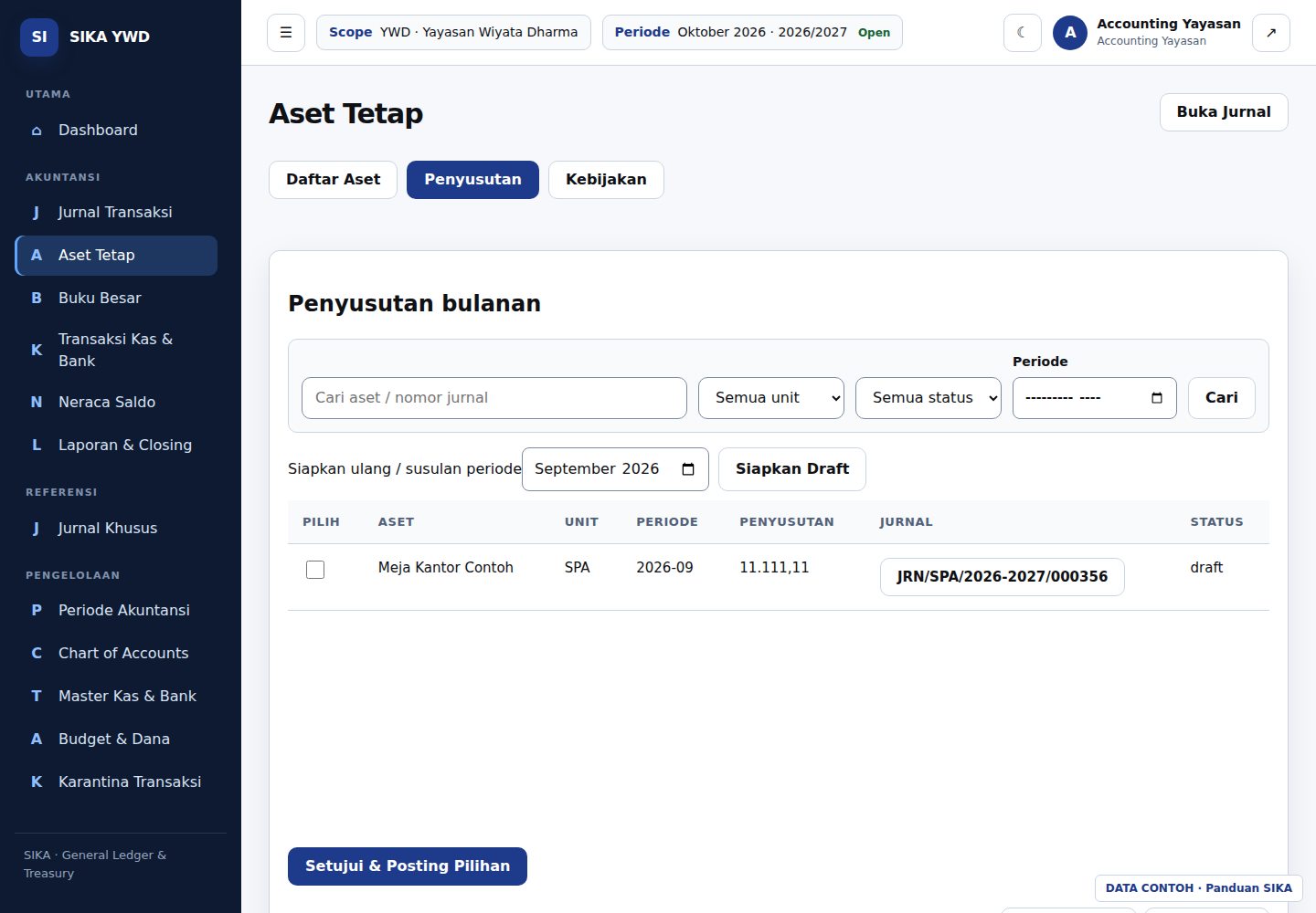 Tab Penyusutan: persiapan draft dan daftar periode aset.