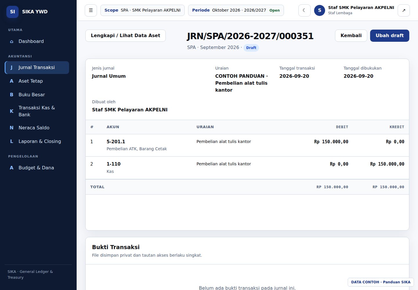 Detail Draft: tombol pengajuan serta ringkasan transaksi.