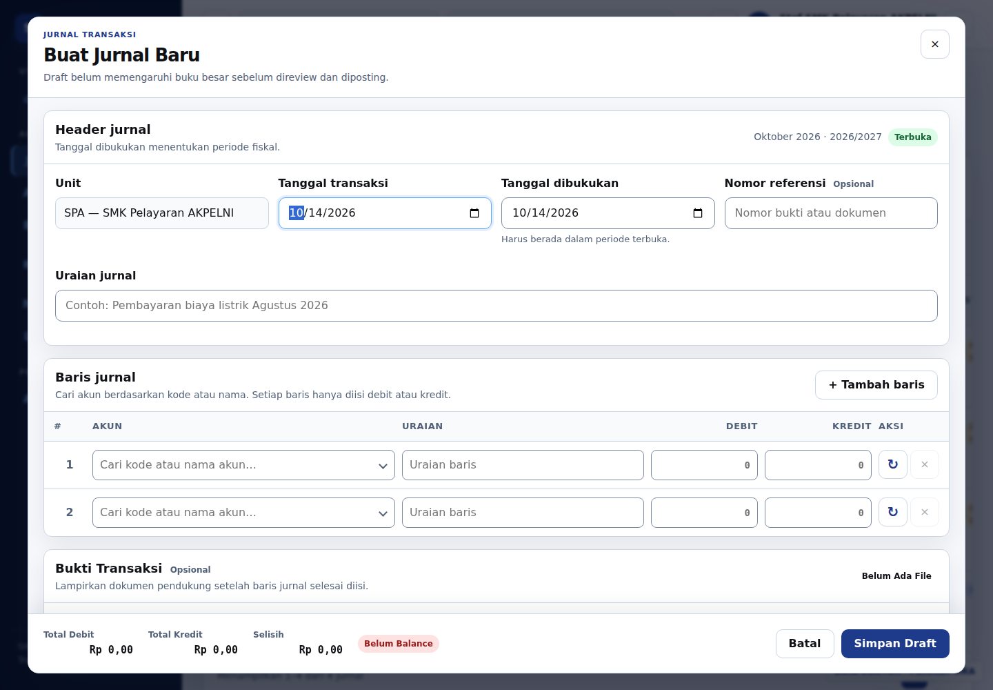 Modal Jurnal Umum dengan identitas, baris debit–kredit, dan tombol simpan.