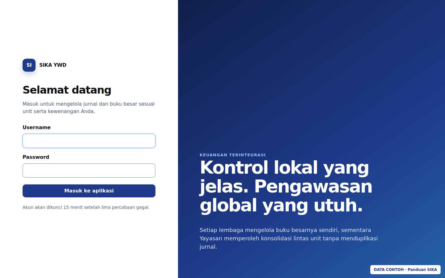 Halaman masuk: isi Username dan Password, lalu klik Masuk.