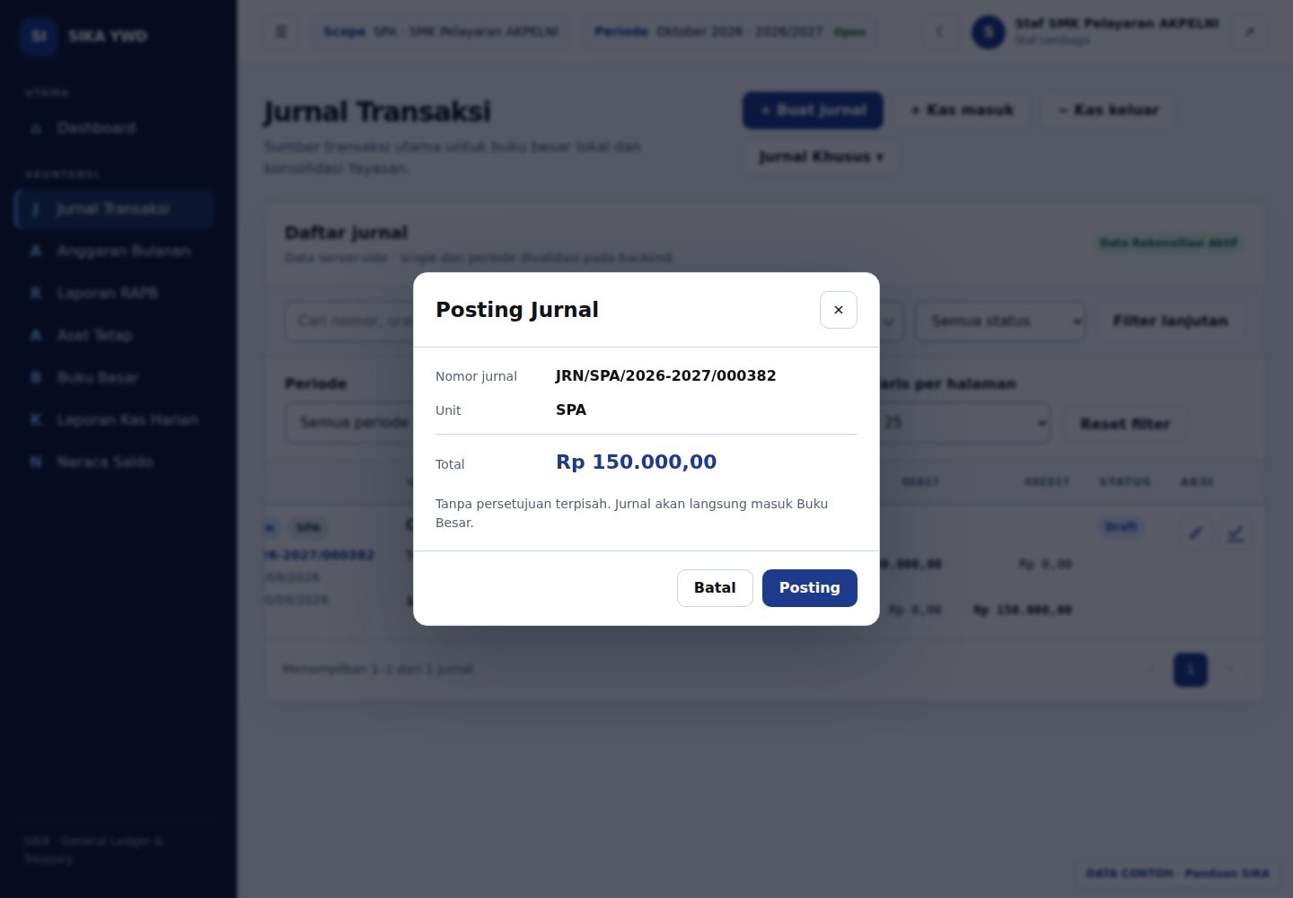 Modal Posting Jurnal untuk draft sendiri: periksa nomor, unit dan total sebelum Posting.