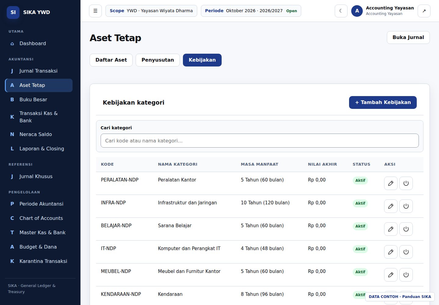 Daftar kebijakan: kode/nama terpisah, umur manfaat, nilai akhir, status, dan ikon.