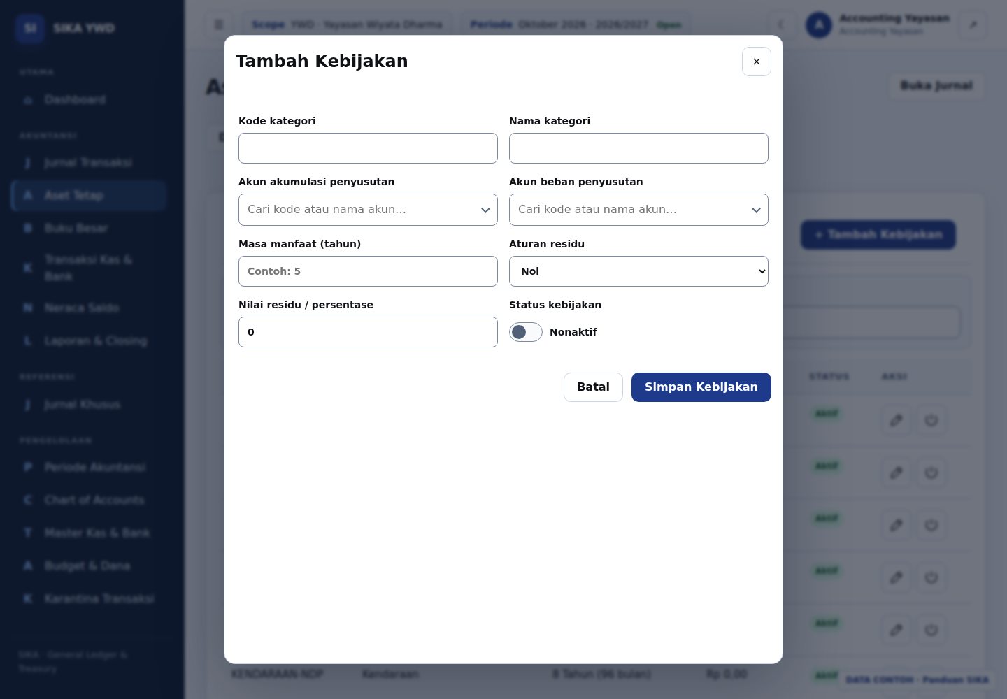 Tambah Kebijakan dengan masa manfaat dalam tahun dan toggle Aktif.