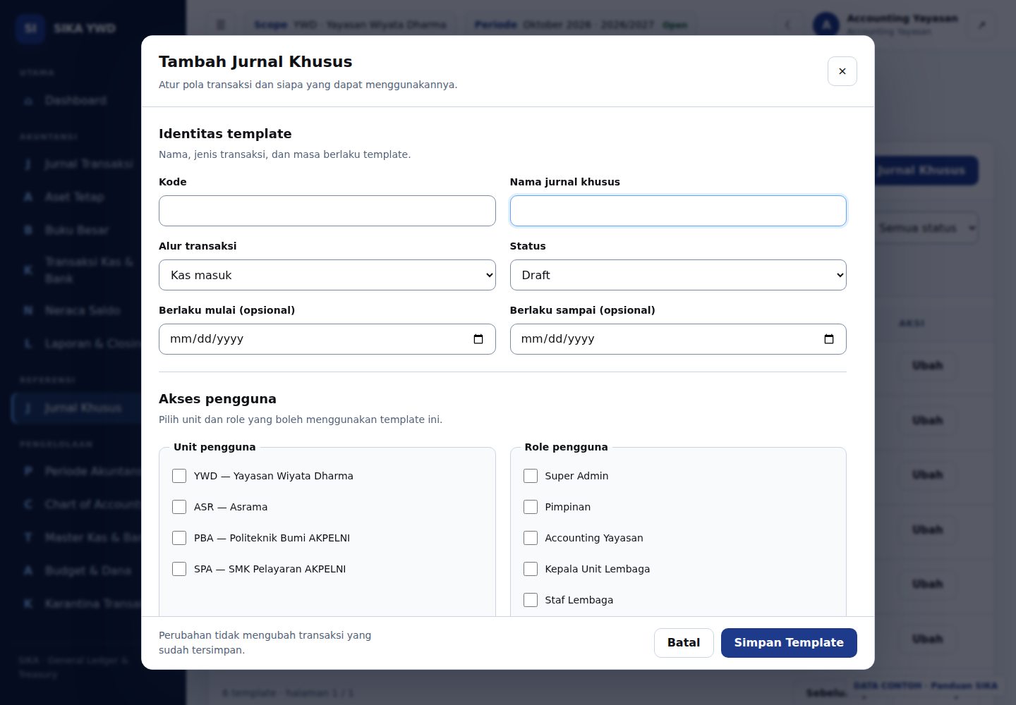 Modal template: identitas, scope pengguna, dan rincian transaksi.